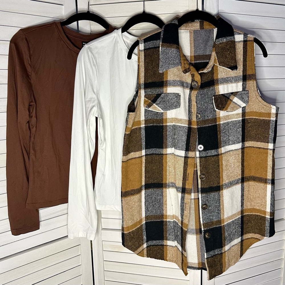 Women’s SHIEN Layering Set - Plaid Vest, 2 Long Sleeved Tops, Size L
